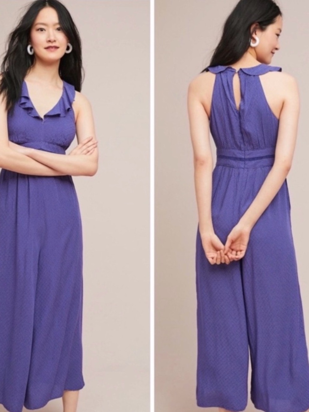 Anthropologie Maeve Ruffle Neck Jumpsuit polka dot wide leg US 2